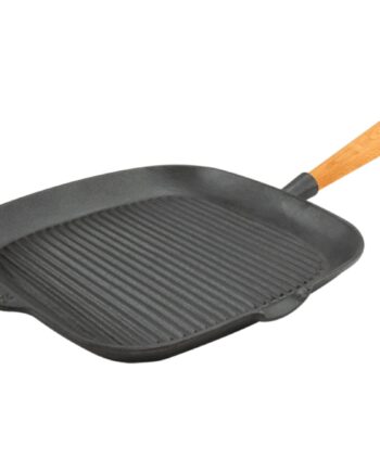Grillpande   Støbejern 28x28 Cm  Håndtag Af Bøg