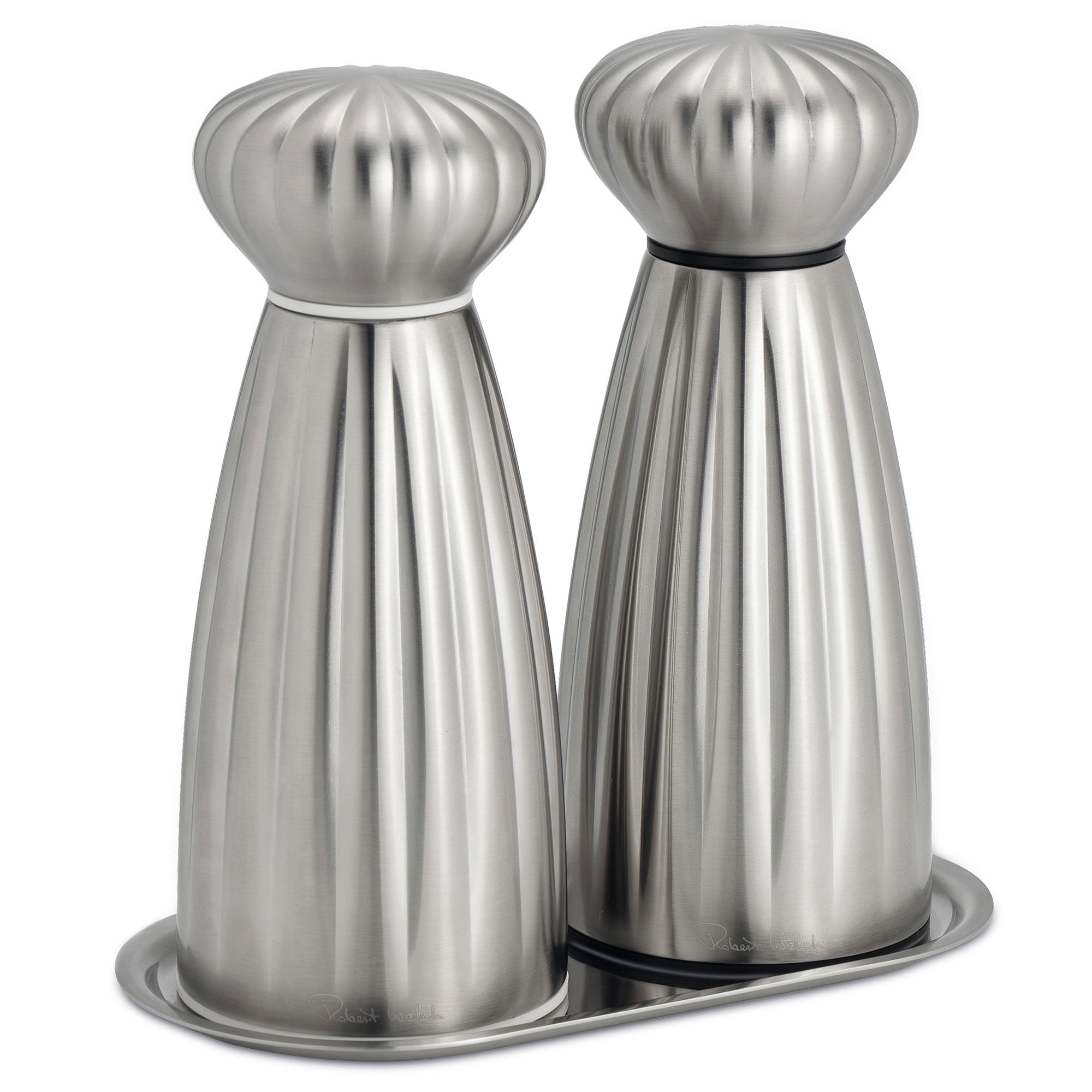 Robert Welch Palm Satin Salt- Og Peberkværn Med Fad 17 Cm Rustfrit Stål